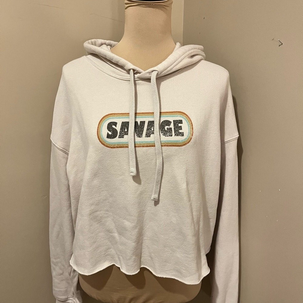 Savage Barbell Oversized Cropped Cream Logo Hoodie 70s Inspires Print, Large